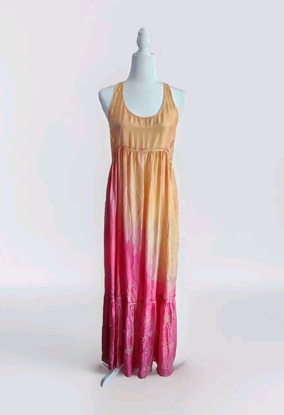 All Saints Silk Boho Ombre pink peach Maxi Dress US 6 Hand Embellished Sequins